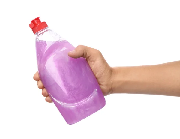 Frau Mit Flasche Reinigungsmittel Zum Spülen Auf Weißem Hintergrund Nahaufnahme — Stockfoto