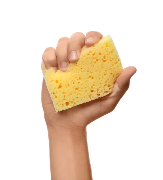 Woman Holding Cleaning Sponge Dish Washing White Background Closeup — Stock Photo, Image