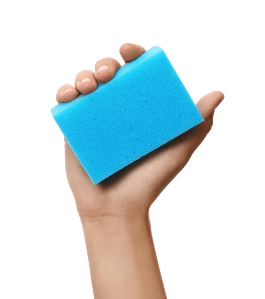 Woman Holding Cleaning Sponge Dish Washing White Background Closeup — Stock Photo, Image