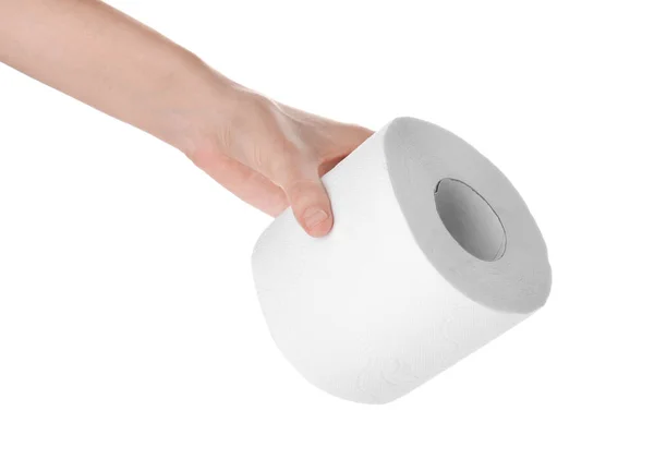 Женщина Держит Рулон Туалетной Бумаги Белом Фоне Личная Гигиена — стоковое фото