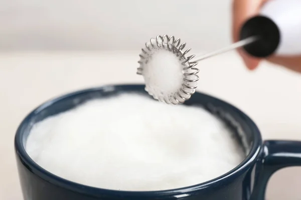 Using Milk Frother Device Cup Closeup — Stock Photo, Image