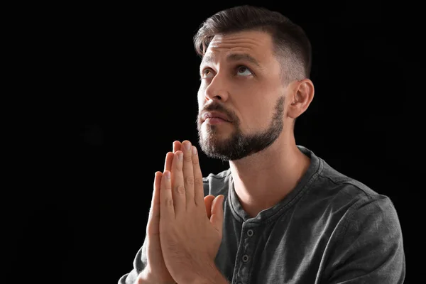 Man Hands Clasped Together Prayer Black Background Space Text — Stock Photo, Image