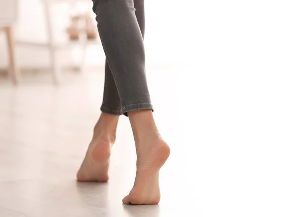 Young Woman Walking Barefoot Home Closeup Heating Concept — Stock Photo, Image