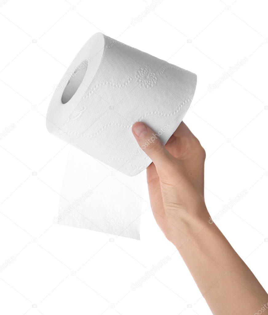 Woman holding toilet paper roll on white background. Personal hygiene