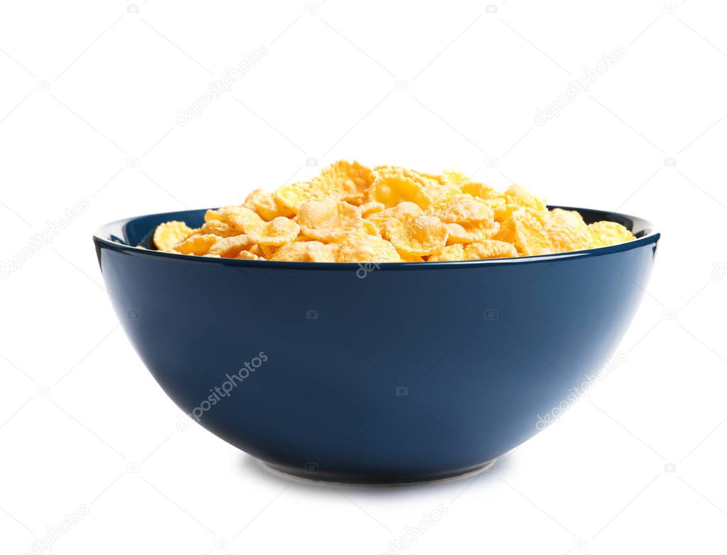 Bowl with crispy cornflakes on white background