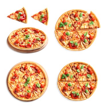 Beyaz arka plan üzerinde lezzetli pizza ayarla