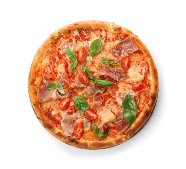 Domates ve beyaz arka plan, üstten görünüm üzerinde et lezzetli pizza