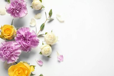Beyaz arka plan üzerinde güzel çiçek açan çiçekler ile düz yatıyordu kompozisyon