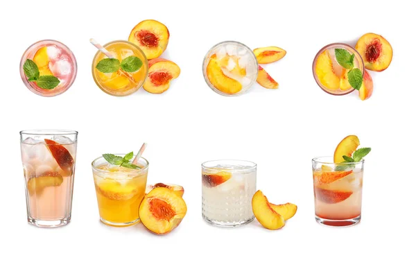 Set Con Diferentes Deliciosas Bebidas Melocotón Sobre Fondo Blanco — Foto de Stock