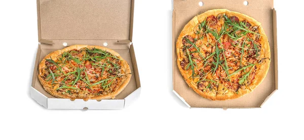 Набор Вкусной Пиццей Картонной Коробке Белом Фоне — стоковое фото
