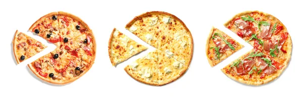 Set Met Verschillende Heerlijke Pizza Witte Achtergrond Bovenaanzicht — Stockfoto