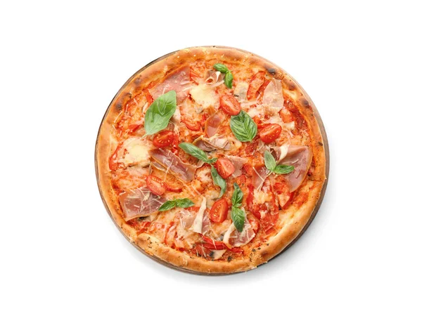 Deliziosa Pizza Con Pomodori Carne Sfondo Bianco Vista Dall Alto — Foto Stock