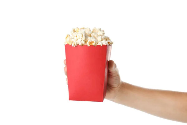 Mujer Sosteniendo Cubo Con Deliciosas Palomitas Maíz Sobre Fondo Blanco —  Fotos de Stock