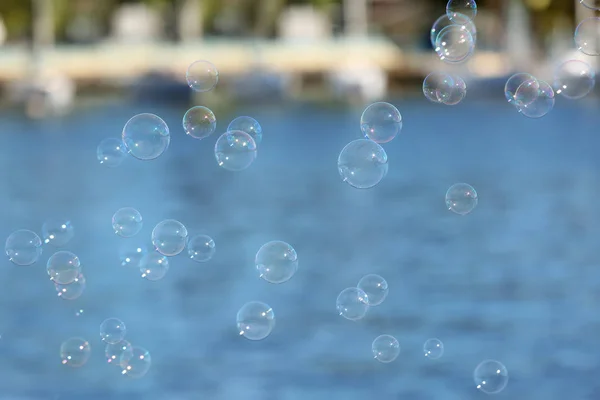 Красивые Полупрозрачные Мыльные Пузыри Открытом Воздухе Солнечный День — стоковое фото