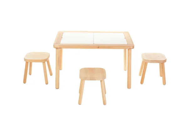 Fából Készült Asztal Székek Elszigetelt Fehér Gyerekek — Stock Fotó