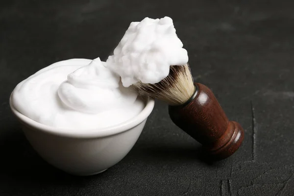 Shaving Brush Bowl Foam Dark Background — Stock Photo, Image