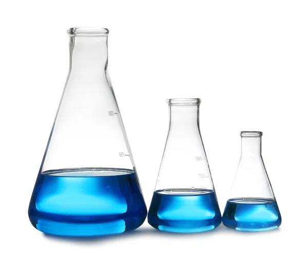 Conical Flasks Liquid Table White Background Laboratory Analysis — Stock Photo, Image