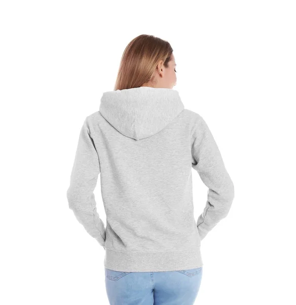 Mujer Con Sudadera Con Capucha Sobre Fondo Blanco Espacio Para —  Fotos de Stock