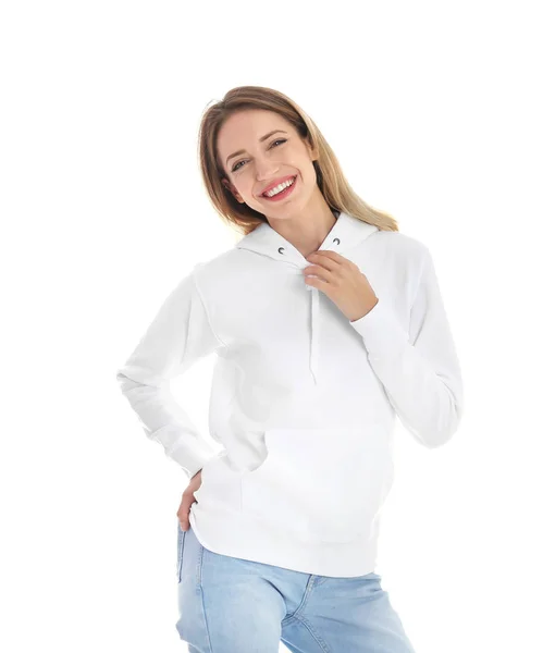 Porträtt Kvinna Hoodie Tröja Vit Bakgrund Utrymme För Design — Stockfoto