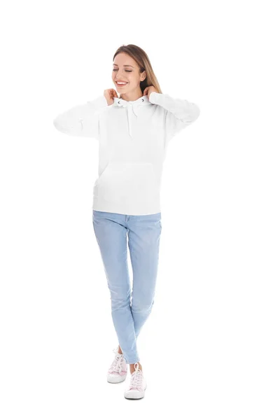 Retrato Comprimento Total Mulher Camisola Com Capuz Fundo Branco Espaço — Fotografia de Stock