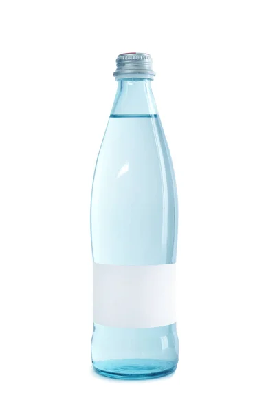 Garrafa Vidro Água Pura Com Etiqueta Branco Fundo Branco — Fotografia de Stock