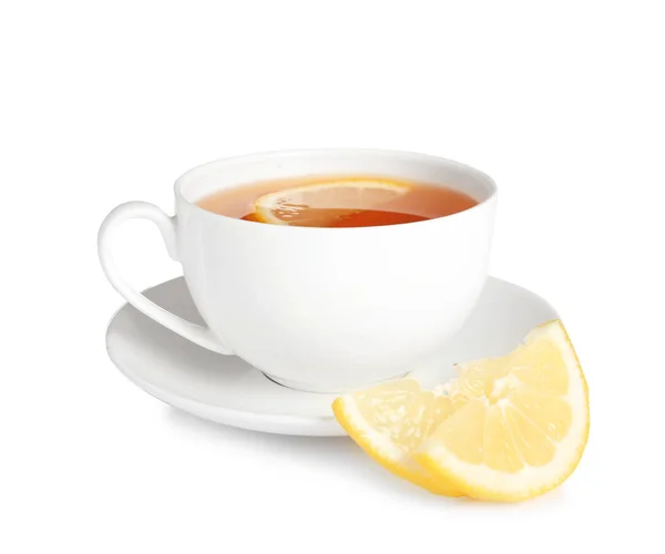 Чашка Чая Ломтики Лимона Белом Фоне — стоковое фото