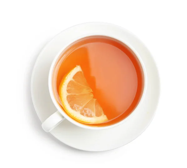 Чашка Чая Лимоном Белом Фоне Вид Сверху — стоковое фото