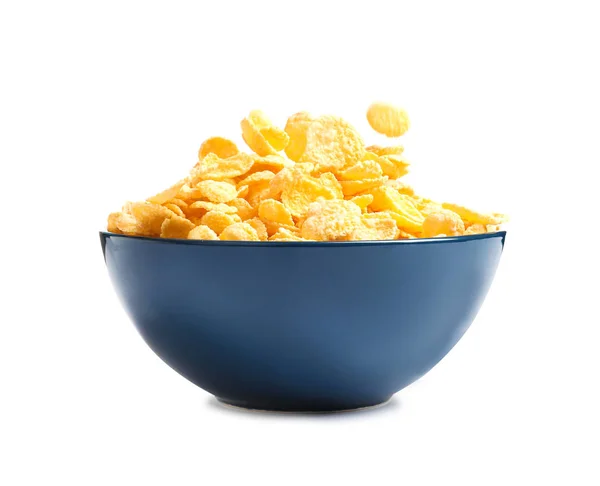 Crispy Cornflakes Falling Bowl White Background — Stock Photo, Image