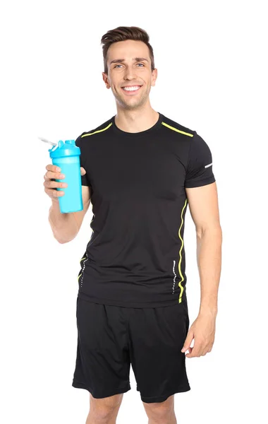 Porträtt Man Med Flaska Protein Shake Vit Bakgrund — Stockfoto