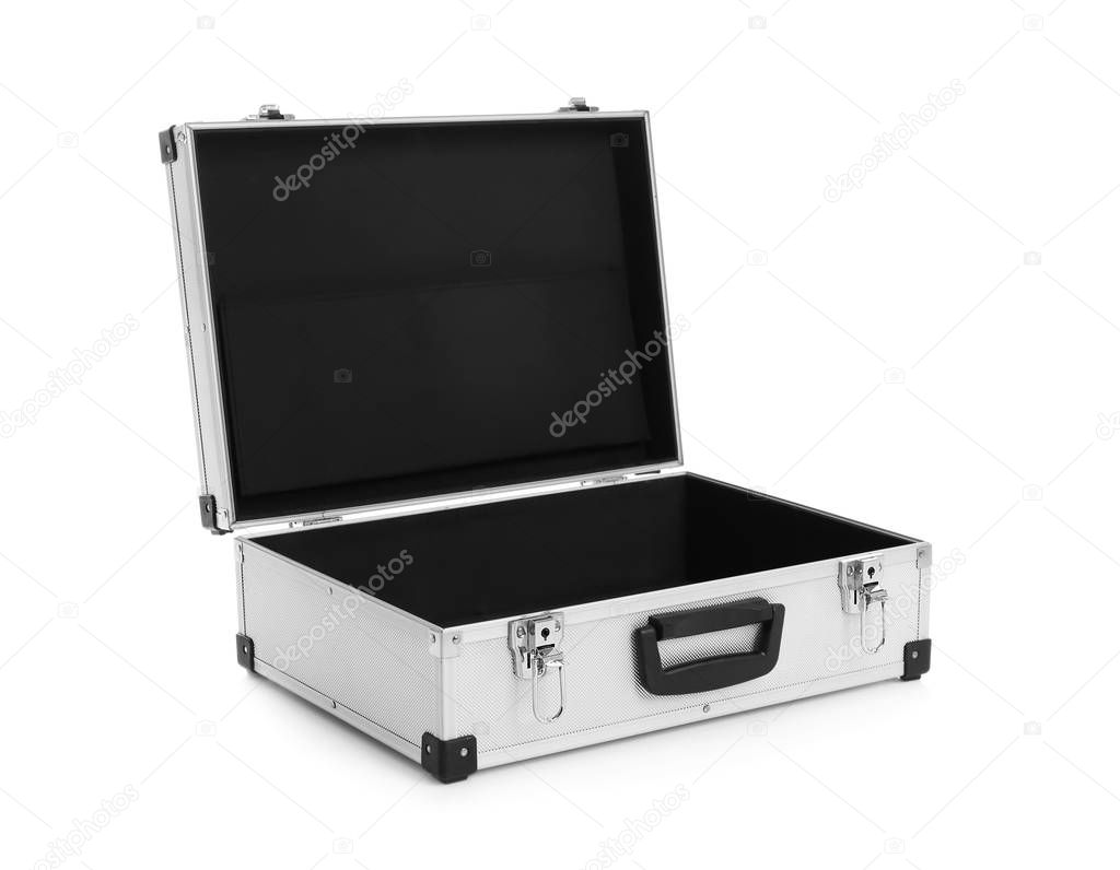 Open modern suitcase on white background