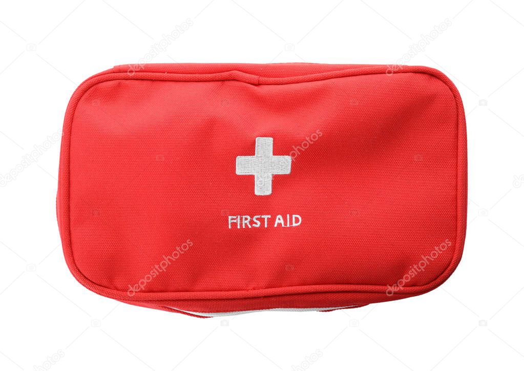 First aid kit on white background, top view