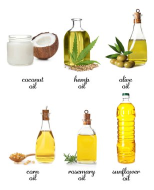 Farklı yağlar şişe ile beyaz arka plan üzerinde ayarla