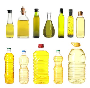 Farklı yağlar şişe ile beyaz arka plan üzerinde ayarla