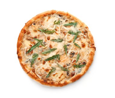 Lezzetli pizza ile peynir beyaz arka planda, üstten görünüm