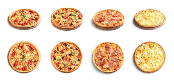 Conjunto Com Diferentes Deliciosas Pizzas Fundo Branco — Fotografia de Stock