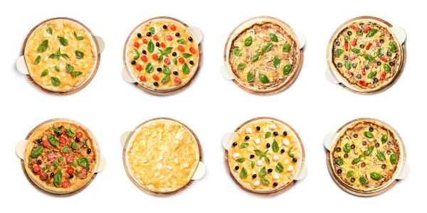 Set Med Olika Läckra Pizzor Vit Bakgrund Ovanifrån — Stockfoto