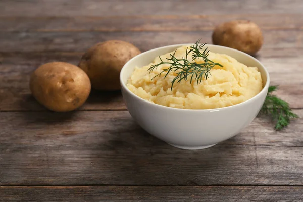 Schüssel Mit Kartoffelpüree Auf Holztisch Raum Für Text — Stockfoto