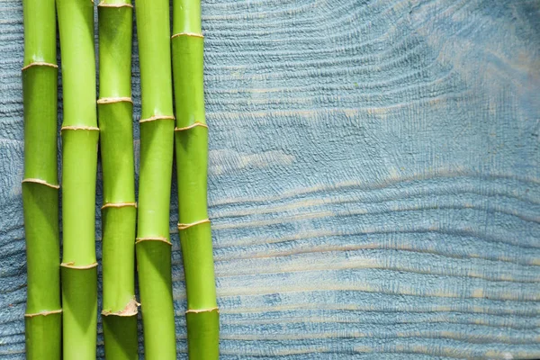 Green Bamboo Stems Space Text Wooden Background Top View — Stock Photo, Image