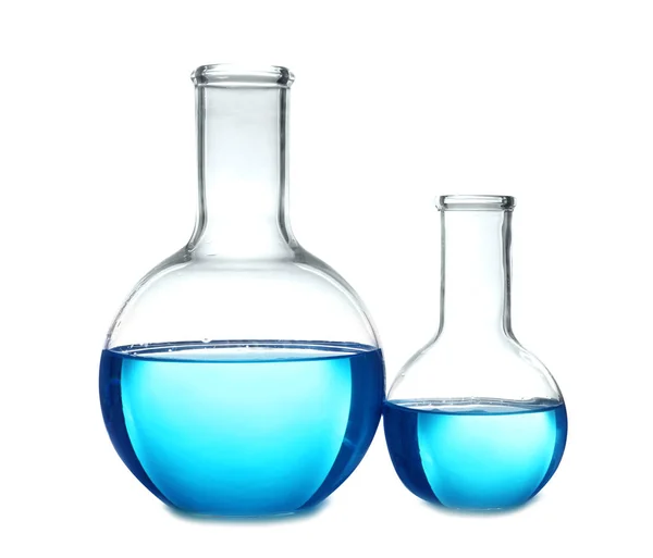 Flasks Blue Liquid Table White Background Laboratory Analysis — Stock Photo, Image