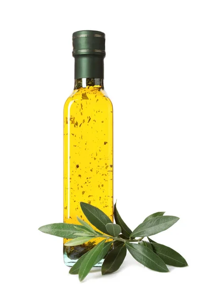 Glass Bottle Oil Olive Leaves White Background — Stock Photo, Image