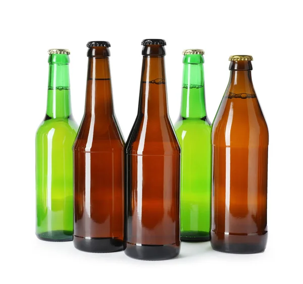 Flaschen Mit Verschiedenen Alkoholischen Getränken Auf Weißem Hintergrund — Stockfoto