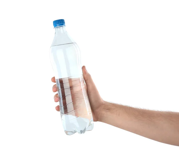 Mann Hält Plastikflasche Mit Wasser Auf Weißem Hintergrund — Stockfoto