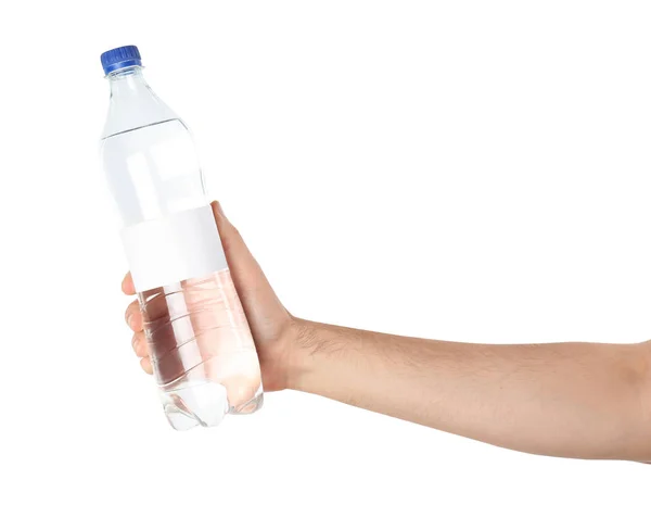 Mann Hält Plastikflasche Mit Reinem Wasser Mit Leerem Etikett Auf — Stockfoto