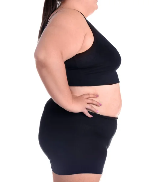 Избыточный Вес Женщины Потери Веса Белом Фоне Лицензионные Стоковые Фото