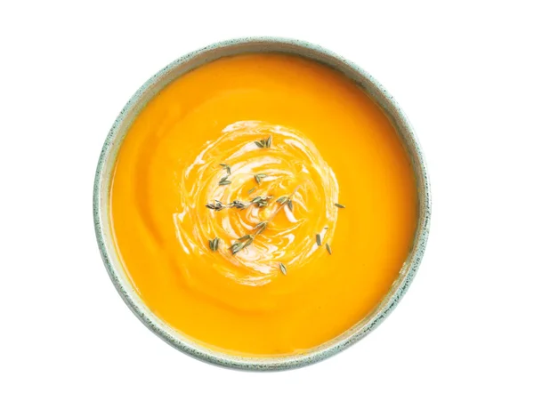 美味南瓜奶油汤在碗白色背景 顶部视图 — 图库照片
