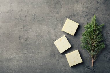 El yapımı sabun bar ve kozalaklı şube gri arka plan, metin için yer ile üstten görünüm