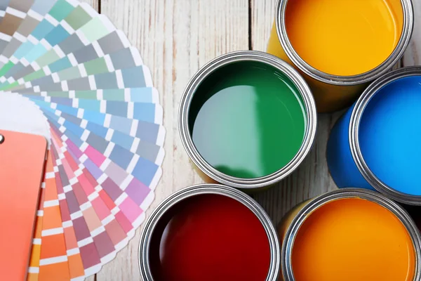 Cans Paint Color Palette Wooden Background Top View — Stock Photo, Image