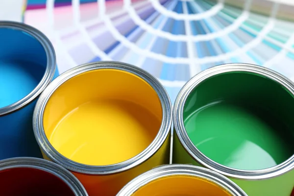 Paint Cans Color Palette Samples Table Closeup — Stock Photo, Image