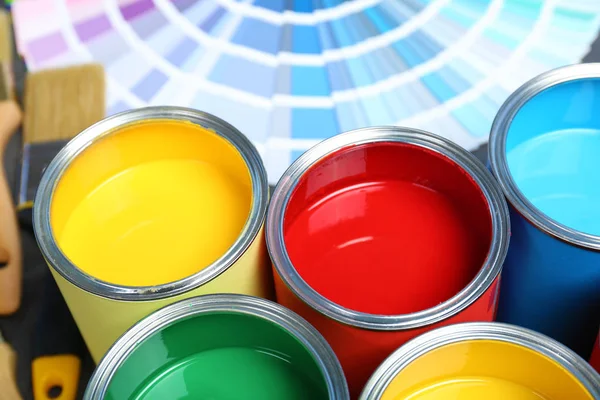 Paint Cans Color Palette Samples Table Closeup — Stock Photo, Image