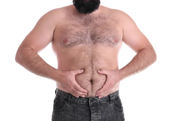 Tlustý Muž Bílém Pozadí Closeup Ztráta Hmotnosti — Stock fotografie